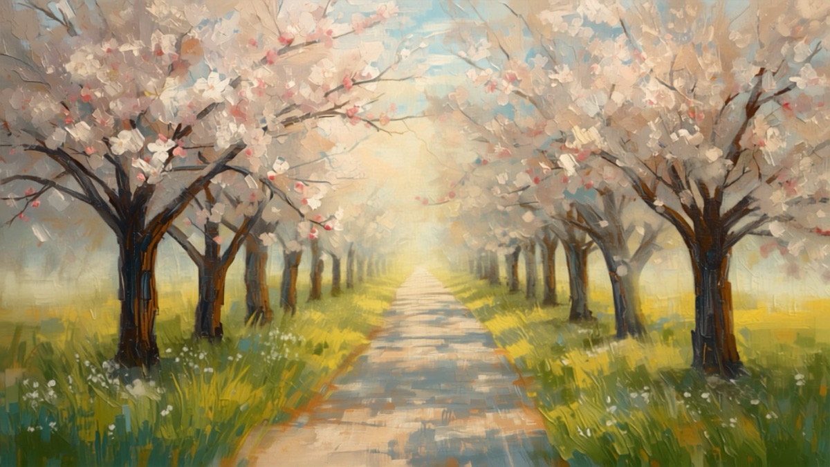 A painterly avenue of spring blossom trees