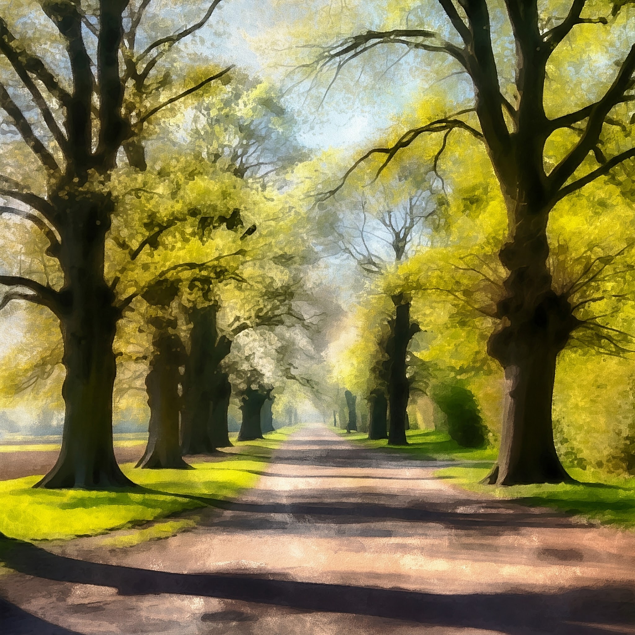 A sunlit, tree-lined pathway stretching into the distance