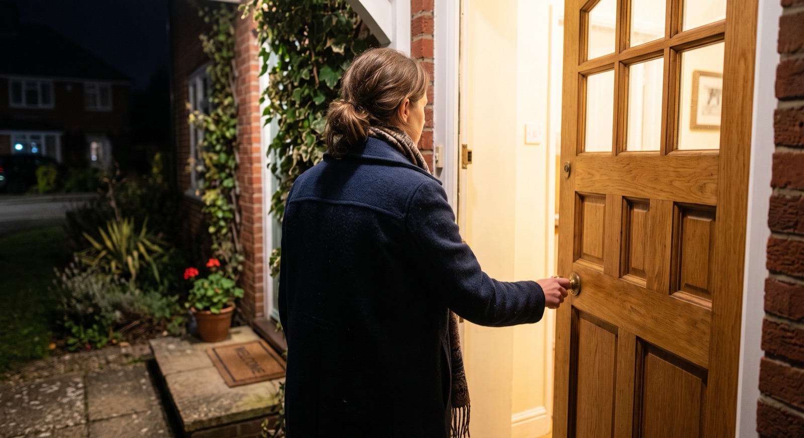 A hand opening a warm front door at dusk, light spilling from the hallway