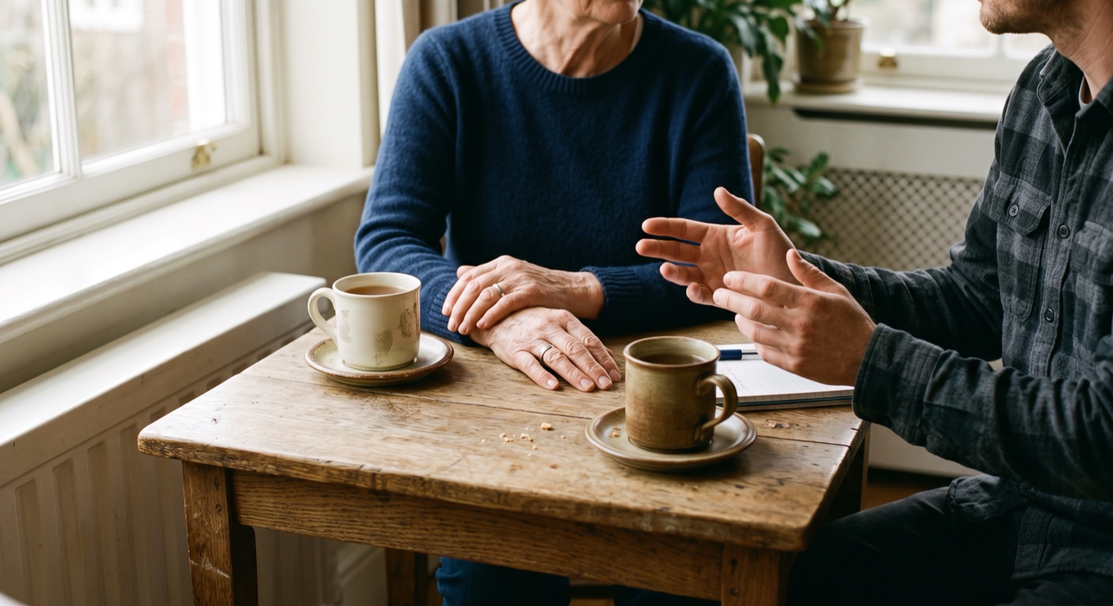 Two people talking across a small table with mugs of tea