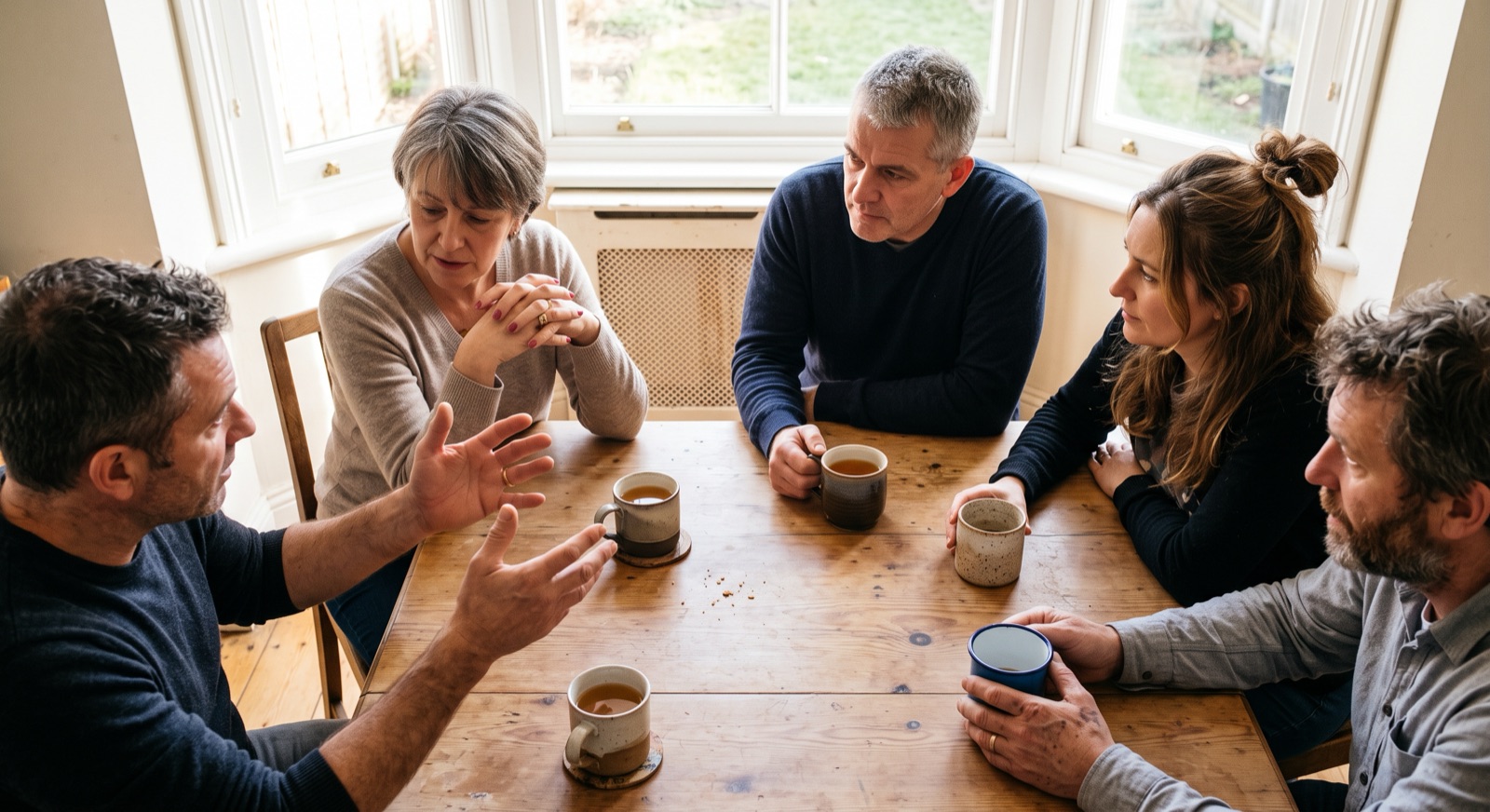 A small group in warm, supportive conversation around a kitchen table