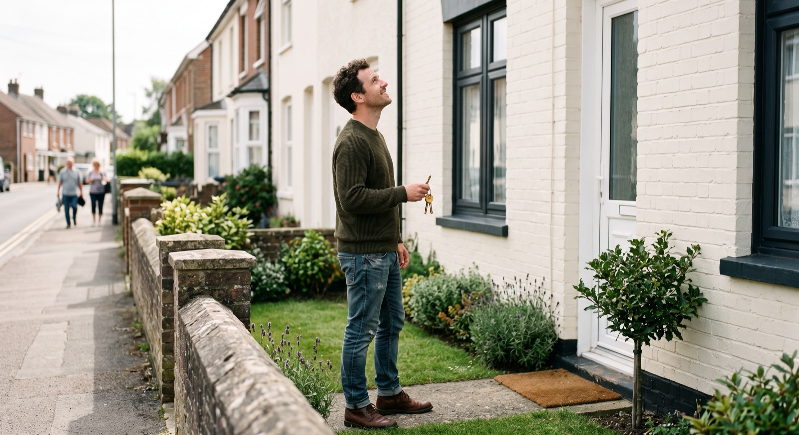 A man holding a set of keys, looking up at his new home