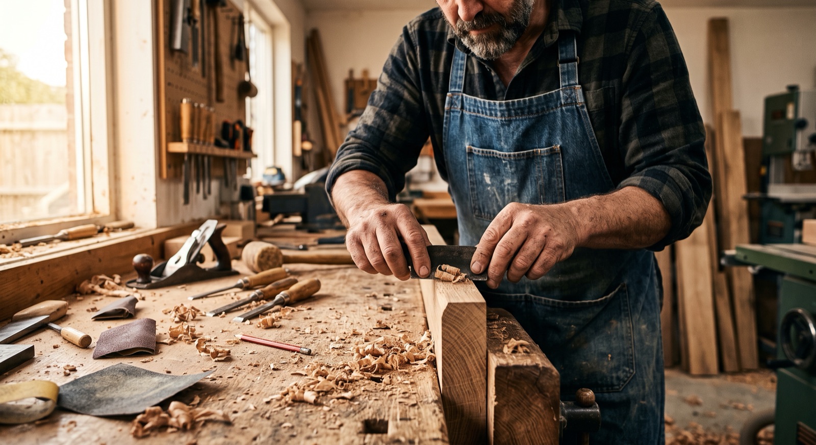 Hands shaping a piece of wood at a carpentry workbench